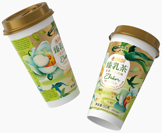 香飘飘臻乳茶系列包装设计，插画香气飘飘