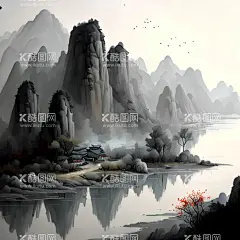 中国风山水  - 源文件下载【酷图网】中国风,山水,风景,插画,灰色,45度灰