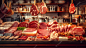 A butcher's counter with meats and meats on it