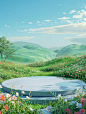 3d cartoon style. A simple circular stage is placed on a grassland with water and flowers. Blue sky background. There are rolling hills in the distance. Vibrant green, fresh spring breath. The Chinese grassland. Center composition. Cartoon style, surreali