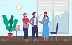 商务会议或工作流程。人们站在办公室里一起交流