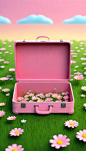 A-open-empty-pink-suitcase-on-the-wide-grass-surrounded-by-flowers--in-front-view--the-suitcase-is-empty-inside--with-sky-blue-background--in-the-cartoon-style--rendered-in-C4D--as-a-3D-scene-displayi (8)