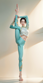 00244-2026546655-1girl, standing, solo, barefoot, standing on one leg, black hair, full body, split, looking at viewer, navel, midriff, hair bun,