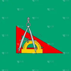 手绘素描线艺术矢量图三角形尺，半圆量角器和圆规在绿色黑板背景。返校学生课程几何技术绘图概念