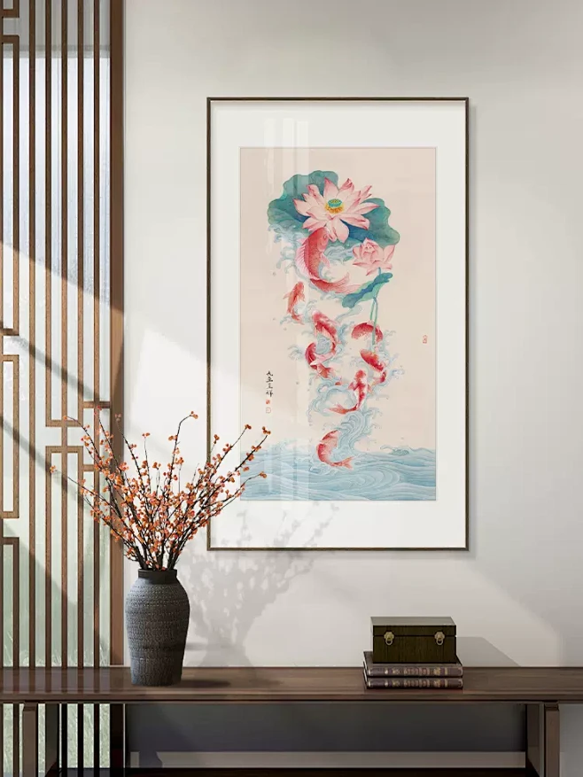 原创九鱼图玄关画新中式走廊过道竖版装饰画荷花牡丹茶室禅意挂画-tmall.com天猫-花瓣网
