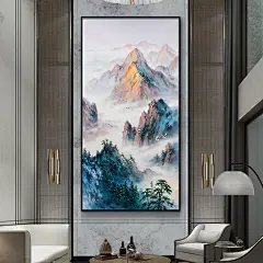 紫气东来风景纯手绘油画新中式挑空客厅玄关过道复式楼装饰画挂画-淘宝网