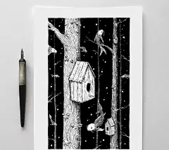 大神的黑白插画，太喜欢了！ : 他非常喜欢黑色，一般用笔和墨水来创作，独特的创作理念和构图方式，大大的拉伸了画面的空间感。