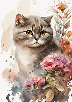 水彩风格的英短猫与花卉插画