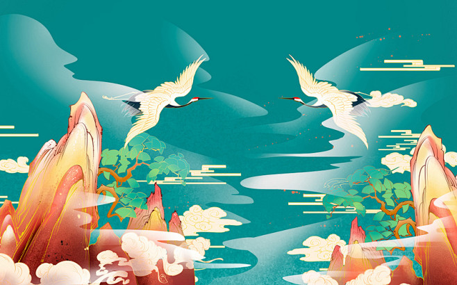山石 仙鹤 风景 古风 手绘 水彩 中国风 国潮风 国潮插画 仙鹤插画 山