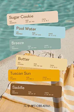 This contains: color palette summer, blue, yellow, beige, color palette art, color palette, design, color palette occasion, color palette style, color palette material