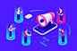 Refer a friend concept announcement megaphone referral refer online marketing employee internet application phone chatting isometric business people business people flat character vector design illustration