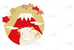 竹,新年前夕,绘画插图,松树,富士山,母牛,贺卡,圣伯纳犬,李子