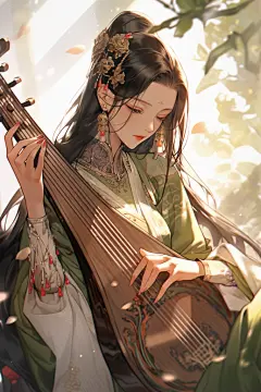 水墨琵琶古装少女古风女生插画