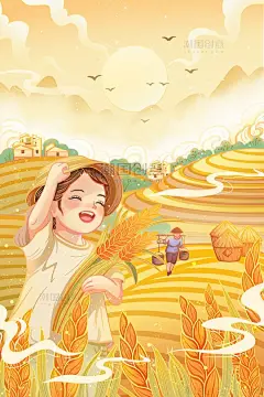 手绘国潮风秋天秋收麦子稻谷丰收插画