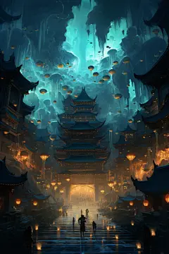 设计赛博朋克金线古风城市建筑插画