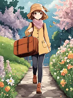 春天提着行李箱的女孩插画AI数字艺术