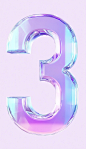 The number "3" is made of glass, with an iridescent gradient color scheme and a light purple background. The transparent crystal font has sharp edges on the surface, with high contrast between highlights and shadows. It features a white center i