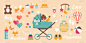 可爱的新生儿在婴儿车和童年用品中挥手：婴儿淋浴和生日贺卡
