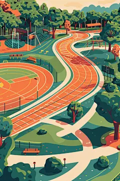 AI数字艺术扁平风校园球场操场插画-众图网
