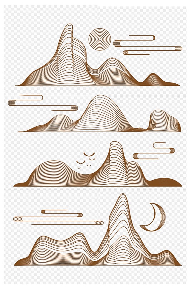 中国风线条山峰山水云纹中式装饰免扣元素