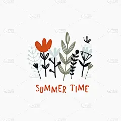 手绘花朵和树枝，装饰文字“夏日时光”。矢量平面插图。
