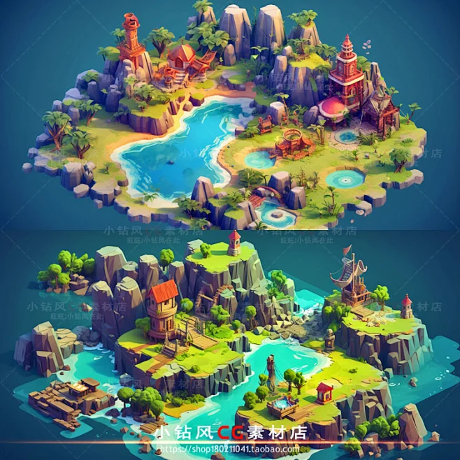 AI卡通海岛场景设定素材 Q版游戏岛屿场景建筑美术资源 插画设计-花瓣网