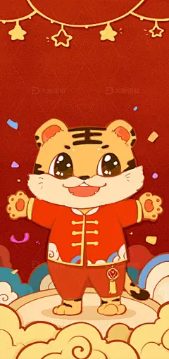 红色喜庆可爱老虎手机壁纸手绘图高清模板免费下载-趣麦麦图