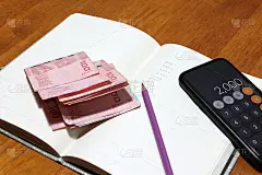 用铅笔、计算器和一定数额的泰铢把钱写在书上。