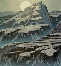 画家王维德版画作品 ---《无声的山塬》
——  山塬重叠，梯田层层，点点村落环绕拥簇出一座殿堂，似山民们膜拜的圣地；金字塔式的构图更显沉静，月光下静穆的基调更增加了一些神秘和圣洁感。无声的山塬，神奇的净土，宁静的夜，正是喧闹的白昼的更替。