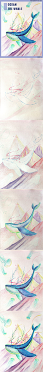 彩铅画 水彩打底色+水溶性彩铅 
画出粉色天空 山体明暗
彩铅绘制山体、鲸鱼、水母