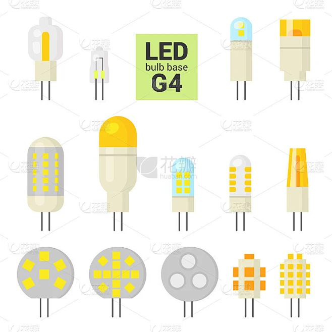 LED灯G4灯泡矢量彩色图标设置素材-花瓣网