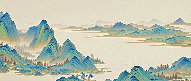 中国风工笔画青绿水墨画古风山水画背景千里江山图执此青绿-花瓣网