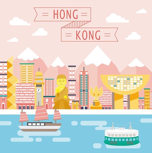 185香港旅行手绘美食地图地标建筑缆车紫...