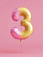 3D realistic number 3 balloon. Holiday illustrations render balloons on a clean background, with studio lighting, in a high-resolution photo, Yellow to magenta gradient with pink background, macaron color scheme, dreamy colors, with crazy details, fine de