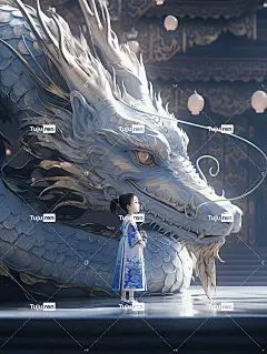 一个美丽的小女孩躺在青花瓷龙上，梦幻场景海报