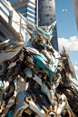 a very large robot like structure in front of a tall building with birds flying around