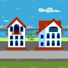 手绘房屋，乡村景观与河流，反射与蓝天与云，矢量插图