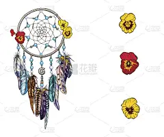 手绘华丽的捕梦网与红色和黄色的野花占星术，灵性，魔术符号。少数民族部落元素。
