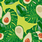 Seamless  exotic vector pattern with avocado slices and leaves of monstera on light green background