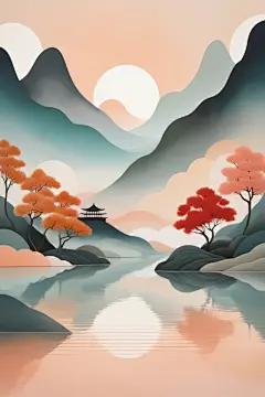 唯美国潮风扁平山水意境插画