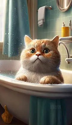 小猫动物浴室洗澡可爱数字作品AI作品数字插画图片_潮国创意
