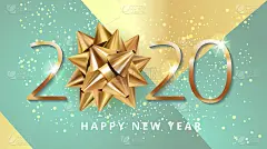 2020年新年快乐。贺卡网络横幅或海报与快乐的2020年圣诞弓黄金闪闪的五彩纸屑和发光。蓝色和优雅的