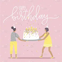 生日祝福猫的生日派对大蛋糕与燃烧的蜡烛在两个女人的手。人们庆祝节日。平面向量插图。