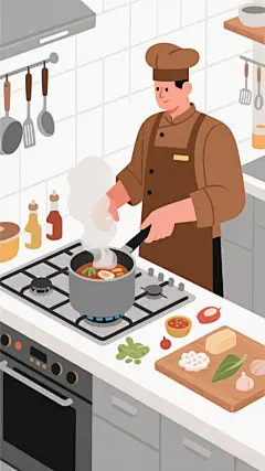 扁平风厨师厨房烹饪美食AI插画