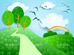 儿童画矢量图  - 源文件下载【酷图网】儿童画,彩虹,树,卡通画,蓝天白云,鸟,