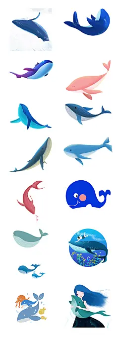 唯美手绘鲸鱼大海主题海洋馆治愈插画风格透明元素PNG设计素材-淘宝网