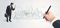 商人看着墙上手绘的城市
