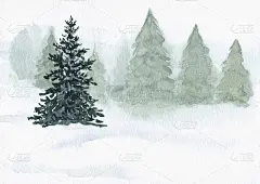 冬日森林里的一幅雪天水彩画景观
