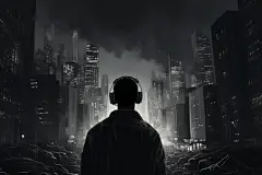 耳机听音乐的人剪影城市插画图片