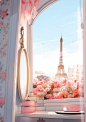 eiffel tower and roses embroidered in the ceiling of a bedroom, in the style of tilt-shift lenses, curved mirrors, pinkcore, charming character illustrations, mirror, aesthetic, porcelain